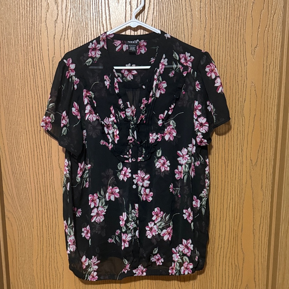 Torrid Black Blouse with Pink Floral Pattern